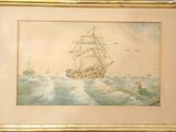 une image d'un tableau représentant un bateau dans l'eau