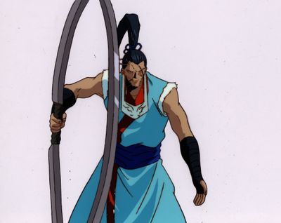 cellule d'animation représentant un homme vêtu d'une tenue bleue et tenant une épée