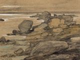 drawing of a rocky beach with rocks and a boat in the water
