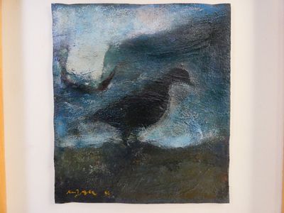 a painting of a black bird in a white frame