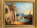 painting of a landscape with a river and a castle in the distance