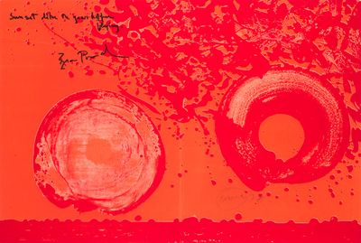 an image of a painting of two circles on a red background