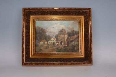 une peinture à l'huile représentant une scène de vie à la ferme, dans un cadre doré, accrochée à un mur bleu