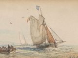 a drawing of a boat in the water with people on it
