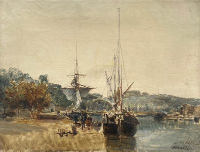 une peinture représentant un bateau sur l'eau avec des personnes à bord