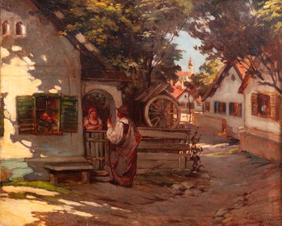 tableau représentant une scène de village avec un homme et une femme assis sur un banc
