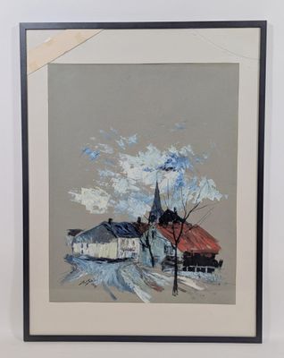 tableau représentant une église et un arbre dans un champ, avec le ciel en arrière-plan
