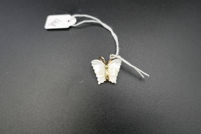 un gros plan d'un petit papillon accroché à une ficelle avec une étiquette