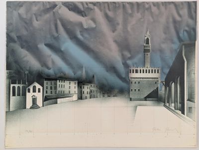 peinture d'une vue d'une ville avec une tour d'horloge au loin
