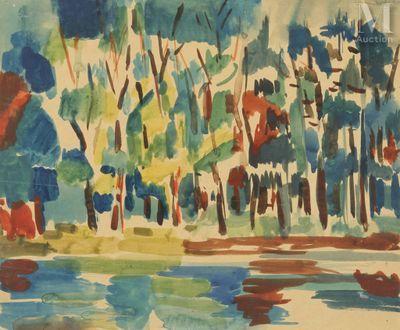 l'image d'une aquarelle représentant des arbres et une étendue d'eau