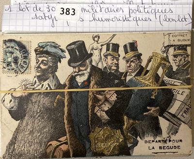 une vieille carte postale sur laquelle est dessiné un groupe d'hommes