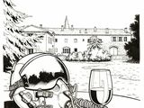 un dessin à l'encre représentant une bouteille de vin et un verre de vin posés par terre