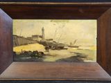 an image of a painting of a beach scene with a lighthouse in the background