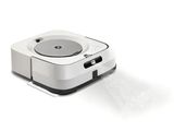 an image of a white and black robotic vacuum cleaner on a white surface