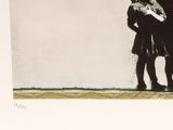 a painting of a man and a woman kissing on a wall