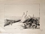 un vieux dessin représentant un homme debout sur une colline, muni d'un bâton