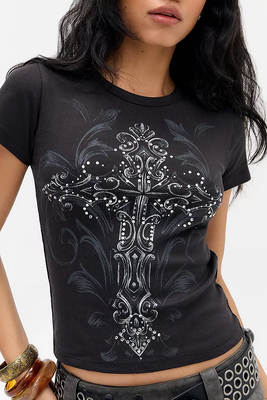 DIAMANTE CROSS - Baby Tee noir avec strass - Taille XS - Neu…