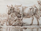 a drawing of a cow standing next to a man