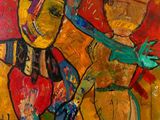 peinture abstraite représentant deux personnes debout l'une à côté de l'autre sur un fond jaune