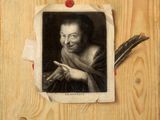 an old photo of a man with a feather on a wooden wall