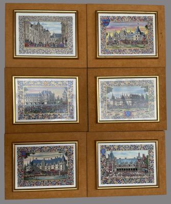 four framed pictures of a city with a clock and a clock tower