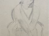 a drawing of a woman sitting in a chair with her hand on her chin