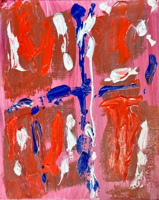 une peinture abstraite dans les tons de rouge, blanc et bleu sur fond rose