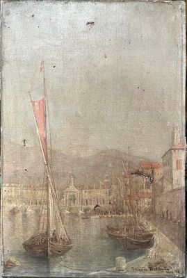 painting of boats in a harbor with buildings in the background