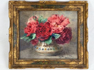 une peinture de fleurs dans un vase sur une table