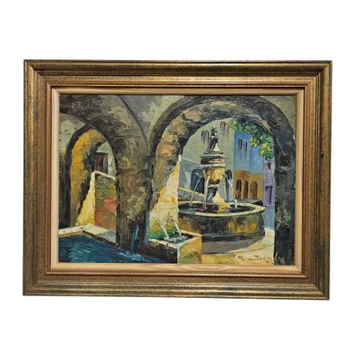 an oil painting of a courtyard with a fountain in the middle of it