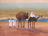 a painting of a group of people riding camels on the beach