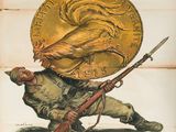 une vieille affiche représentant un soldat tenant un fusil et une pièce d'or