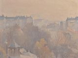 painting of a view of a city from a hill with a church in the distance