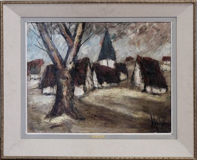 painting of a group of cows in a snowy landscape with a tree in the foreground