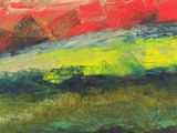 une peinture abstraite représentant un champ vert, rouge et jaune