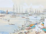 un tableau représentant un port avec de nombreux bateaux sur l'eau