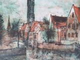 tableau représentant une ville avec une église en arrière-plan