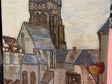a painting of a building with a horse drawn carriage in front of it