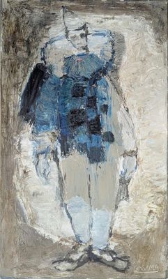 une peinture à l'huile représentant un vase bleu et blanc posé sur une table