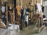 painting of a group of people in an art studio with easels and easels