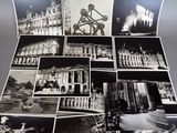 several black and white photographs of a building with a clock tower