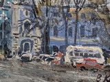 a painting of a street scene with cars and people