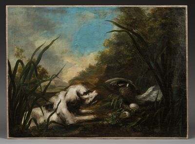an image of a painting of a dog and a duck in a pond