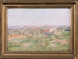 l'image d'un tableau représentant un paysage avec une maison au loin