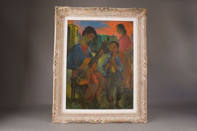 A.CLEMONT (XXème siècle). Les gitans musiciens, huile sur is…