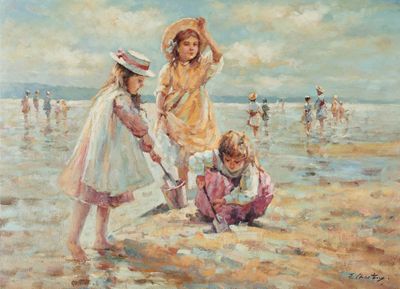 tableau représentant un groupe d'enfants jouant dans le sable à la plage