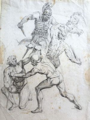 un vieux dessin représentant un groupe d'hommes se battant avec une femme