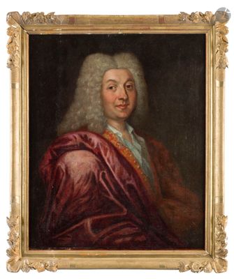 un tableau représentant un homme vêtu d'une robe rouge et d'une perruque blanche