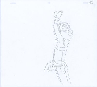 dessin représentant une femme qui lève les bras pour attraper un frisbee en plein vol