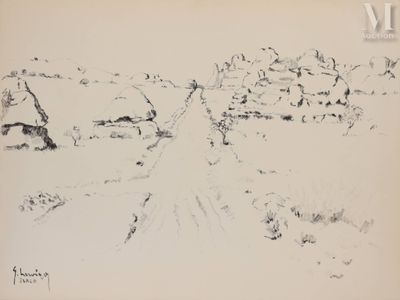 une image représentant un dessin d'un chemin de terre au milieu d'un champ